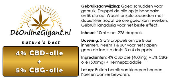 1 flesje CBD Olie 4% / CBG-olie 5% +1 flesje HHC olie+5% ( dit is de nr 1 favoriet combinatie)