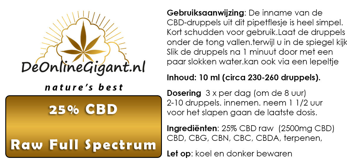 25% CBD-olie Raw Full Spectrum– 10 ml – 2500 mg CBD   10ml & 30ml