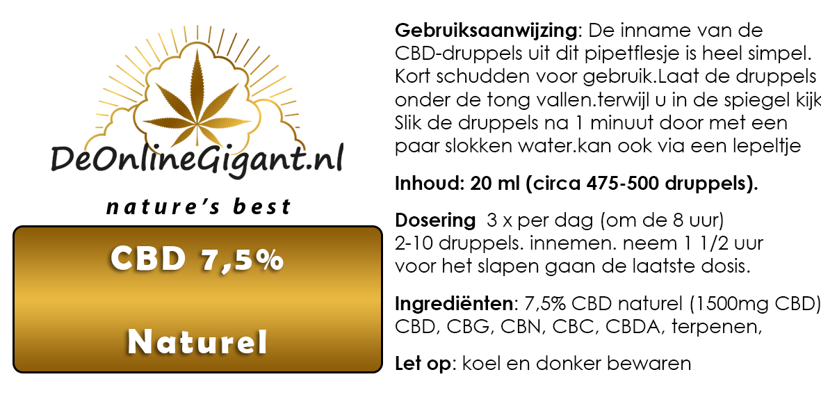 7,5% CBD olie Raw Full Spectrum Smaak: Natural